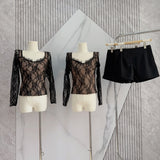 Dodobye Women Sexy Slim Elegant Vintage Lace Tops + Office Lady High Waist Black Shorts 2025 Summer New 2 Piece Sets Korean Fashion Chic