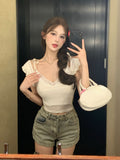 Dodobye Summer Woman Sexy Lace Y2k Blouse Short Sleeve Pure Color Tops Basic Casual Outwear Tees Korean Fashion Clothing Female Chic