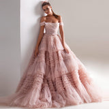 Dodobye Light Pink Ball Gown Evening Dress Sweet Tulle Sweep Train Prom Dress 2025 Off Shoulder Party Dress  فساتين مناسبة رسمية-(PRE-ORDER)