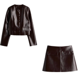 Dodobye Fashion Short Leather Jacket Skirt Set Women O-neck Single Breasted Jackets Sexy Mini Skirts 2024 Autumn Lady Locomotive Outfits