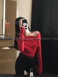 Dodobye Vintage Red Slim Long Sleeve Tops Off Shoulder Sexy Knitted Sweater Autumn Winter Casual Basic Korean Fashion Jumpers Chic