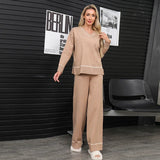 Dodobye Stripes V-neck Long Sleeve Top and Elastic High Waist Wide Leg Pants  Two-piece Women Office Loose Knit Outfi Set Office