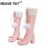 thanksgiving outfit Dodobye REAVECAT Lolita High Boots Fur Neck Girls Cosplay Party Princess Shoes Lace Up Bowtie Chunky Heel Side PU