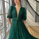 Dodobye Customized Glitter Short Sleeves V Neck robes de soirée A-line Party Dresses Floor-Length Sash Mesh Fabric Prom Dress-(PRE-ORDER)