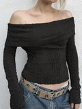 Dodobye-Solid Off Shoulder Slim Cable Knit Long Sleeve Knit