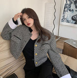 Dodobye Vintage Striped Y2k Jacket Women Streetwear Long Sleeve Casual Tweed Short Suit Coat American Retro Stander Collar Tops New