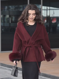 christmas outfit Dodobye 2025 Burgundy Elegant Lace Up Faux Fur Cuffs Woolen Coat New Women's Fashion Long Sleeve Lapel Jacket Temperament Ladies Outwear