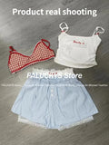 Dodobye Summer Sweet Lace Slim 4 Piece Set Women Fashion Y2k Elastic V Neck Sling Plaid Tops Female + Elastic Waist Bow Short Pants 2025