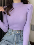 christmas outfit Dodobye Casual Skinny Long Sleeves Solid Color High-Neck Sweater Tops