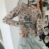 Dodobye Y2K Mesh Sheer T Shirts Women Streetwear Cartoon Print Crop Tops Korean Sexy See Through Long Sleeve Slim Chic Tees New