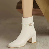 Dodobye 2025  New Hot Selling Women's Boots Solid Color Beaded Decoration Square Heel Professional Women's Boots Square Toe Comfortable