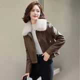 thanksgiving outfit Dodobye Women's Autumn Winter New Style Leather Jacket Large Collar Fleece Lined And Thickened Petite Jacket PULeather ZH1138