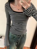 Dodobye-Striped Print Square Neck Slim Long Sleeve Tee