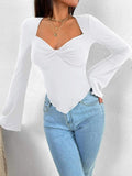 Dodobye-Solid V Neck Ruched Irregular Hem Knit Long Sleeve Tee