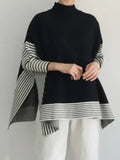 christmas outfit Dodobye Batwing Sleeves Loose Split-Joint Split-Side Striped High Neck Sweater