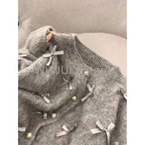 Dodobye 2025 Autumn Winter Women Temperament High Soft Mohair Knitted Cardigan Fragrant Coat Casual Tops Korean Grey Bow Sweater