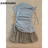 Dodobye Fashion Thin Lace Up 2 Piece Sets Women Vintage Chic Stripe Sleeveless Tops Female High Waist Solid Ruffle Short Skirts