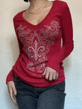 Dodobye-Gothic Rhinestone Print V Neck Long Sleeve Tee