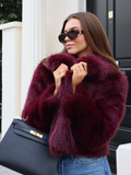 christmas outfit Dodobye Burgundy Red Chic Women's Fluffy Faux Fur Short Jacket Women Elegant Lapel Long Sleeve Plush Coat Female Warm Cropped Streetwear