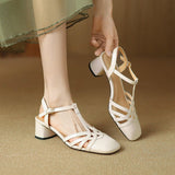 Dodobye Teresa Square Toe Block Heels T-Strap Shoes