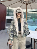 Dodobye American Fashion Camouflage Plush Hat Jacket Coat Y2K High Street Hip hop Harajuku Loose Women Make Hoodies Fashion Streetwear