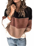 christmas outfit Dodobye Long Sleeves Loose Contrast Color Split-Joint Striped Round-Neck Pullovers Sweater Tops