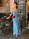 Dodobye Fashion Denim Single Breasted Strap Dress Women V-neck Sleeveless Backless Pocket Spliced  Dresess 2024 Summer Lady Casual Robes