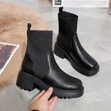 Dodobye New Autumn Winter Fashion Women Chelsea Boots Female PU Leather High Heels Boots Platform Shoes Ladies Knitted Sexy Ankle Boots