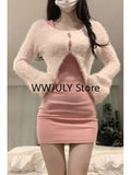 Dodobye Autumn Sexy Strap Y2k Mini Dress Sets Women Pink Sweet Sweater Tops Elegant Bodycon Slim 2 Piece Skirt Dress Korean Fashion 2025