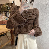 Black Friday Dodobye Sexy Hollow Out Knit Sweater Women Y2K Korean Loose Long Sleeve O Neck Pullovers Autumn Thick Warm Solid All Match Jumpers New