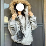 Dodobye Autumn and winter new trend, personality Harajuku jacket hooded sweatshirt loose tie dye print large leather collar thick jacket