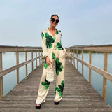 Black Friday Dodobye 2024 Summer New Women's Fashion Style Flip Collar Print Drop Shirt High Waist Straight Leg Pants Casual Set