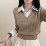 christmas outfit Dodobye Blouse Collar Fake Two-piece Cable Knit Sweater