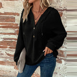 Black Friday Dodobye Casual Knitted Solid Strawing Hoodies Women Loose Hollow Out Button Pullover Sweaters Female Autumn Chic Street Daily Outwear