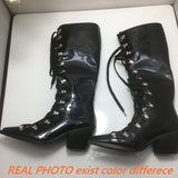 thanksgiving outfit Dodobye Patent Leather Women Knee High Boots Pointed Toe Chunky Heel 6.5cm Lace Up Decor Size 44 45 46 Booties