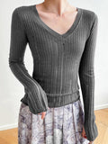 Dodobye-V Neck Slim Cutout Long Sleeve Knit