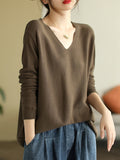 christmas outfit Dodobye Long Sleeves Loose Solid Color V-Neck Sweater Tops