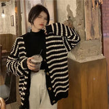 Black Friday Dodobye Striped Knit Cardigan Women Black White Patchwork Fall Winter Warm Button Sweater Fashion Elegant Loose Chic Twist Coat