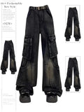 Dodobye Women's Black Gothic Cargo Jeans Vintage Korean 90s Aesthetic Y2k Denim Trousers Harajuku High Waist Cowboy Pants 2000s Clothes