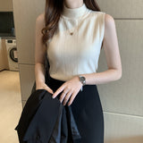 Black Friday Dodobye Solid Elegant Vest Women Fashion Blue Soft Elastic Half High Neck Sweater Office Lady Slim Korean Knitted Sleeveless Basic Tops