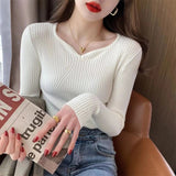 Dodobye Fashion Women Long Sleeve Knitted Sweaters Spring Autumn New Solid Slim V-Neck Korean Basic Casual Bottoming Pullovers Tops