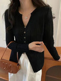 Dodobye-Solid V Neck Slit Long Sleeve Knit