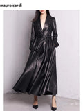 christmas outfit Dodobye Spring Black Maxi Skirted Faux Leather Trench Coat for Women Extra Long Elegant Luxury Designer Clothes Overcoat