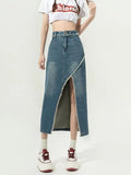 Dodobye Women's Blue A-line Denim Skirt with Slit Vintage Aesthetic Y2k Jean Skirt Harajuku Korean Long Cowboy Skirts 2000s Clothes 2025