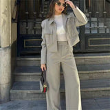 Black Friday Dodobye 2024 Autumn New Product Women's Casual Versatile Collar Double Pocket Coat Solid Color High Waist Pants Fashion Set