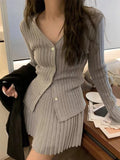 Dodobye Elegant Two-piece Solid Skirt Sets Women V-neck Long Sleeves  Knitted Cardigan + Mini Pleated Skirt Autumn Y2K Korean Chic Suit