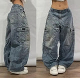 Dodobye Washed Jeans Y2K New Pocket Fashion Loose Mop Pants High Street Hip Hop Harajuku Gothic Wide Leg Denim Trousers Clothing Tide