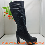 thanksgiving outfit Dodobye Sexy Women Knee High Boots Round Toe Chunky Heels 9cm Platform 2cm 45 46 47 Female Daiting Booties