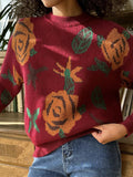 christmas outfit Dodobye Long Sleeves Loose Flower Print Round-Neck Pullovers Sweater Tops