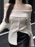 Dodobye-Long Sleeve Off-Shoulder Ribbed-Knit Sweater